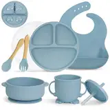 MOJINL Silikon Baby Geschirrset, Rutschfest Kindergeschirr Set mit Saugnapf, 7 Stück BPA Frei Esslernbesteck Sets mit Löffel Gabel Schüssel Lätzchen Baby Becher Trinklernbecher und Teller mit Deckel