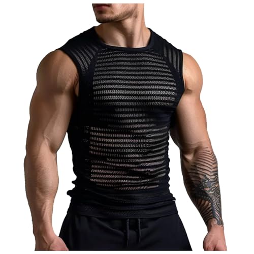 Duohropke Herren Sexy Tanktop Durchsichtige Clubwear Männer Netz Muskelshirt Atmungsaktiv Oberteil Rundhals T-Shirt