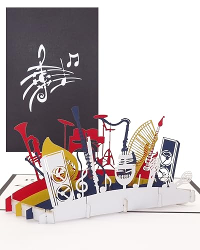 Pop Up Karte Orchester - Musikinstrumente – 3D Geburtstagskarte, Einladungskarte & Geschenkgutschein Musik & Instrument – Glückwunschkarte, Geschenkverpackung & Einladung zum Konzert