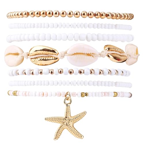 Mikovivi 7stk Sommer Strand Armband für Damen, Stapelbare Muschel Seestern Perlen Stretch Surfer Armbänder Set Boho-Stil Strandurlaub Party Freundschaftsschmuck Geschenk