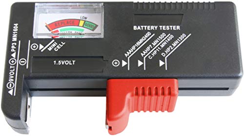 Werkzeyt Batterietester - Mit analoger Anzeige - Zum Prüfen des Ladezustands - Ideal für AAA, AA, C, D (1,5 Volt & 9 Volt) - Einfache Bedienung/Batterie-Prüfgerät/Messgerät/B29821, Schwarz Rot