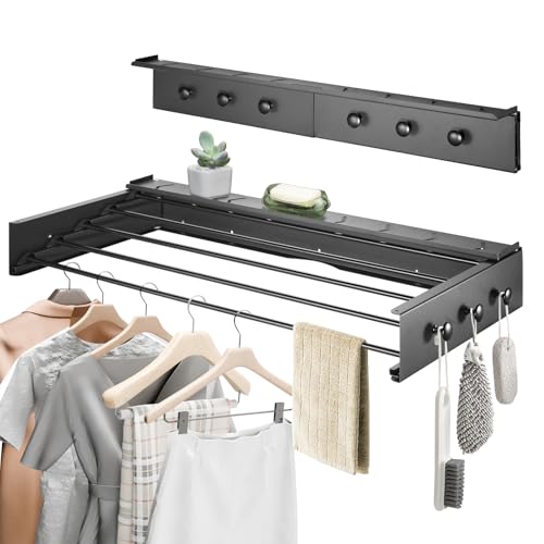 Donken Wäscheständer Wandmontage, Wäschetrockner Wand, 80cm Wäscheständer Wand ausziehbar für Badezimmer, Balkon, Terasse, platzsparend Wandwäschetrockner ideal für Indoor & Outdoor (Schwarz - 80cm)