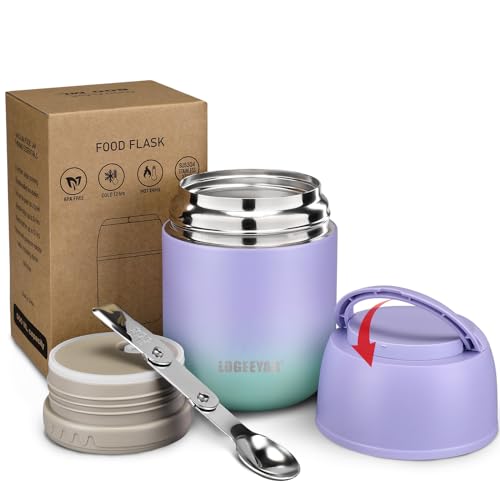 Itslife Thermobehälter für Essen 500ml, Warmhaltebehälter Essen Edelstahl mit Löffel, Thermobecher Essen Auslaufsicher, Thermo Lunchbox für Kinder, Erwachsene, Suppen, Babybrei, Blau-Lila
