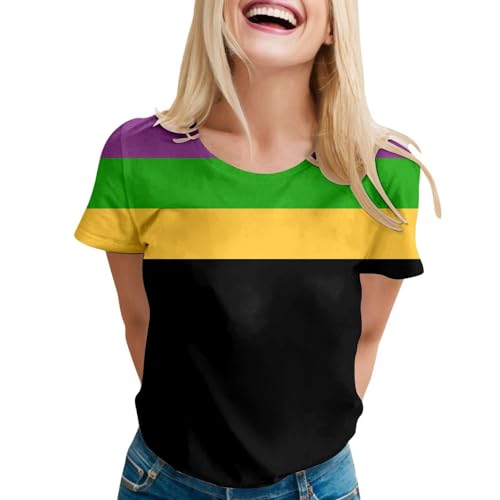 Damenmode, lässig, Karnevals-Print, kurzärmelig, Rundhalsausschnitt, T-Shirt, Top 3 Shirt Neon (Black, S)