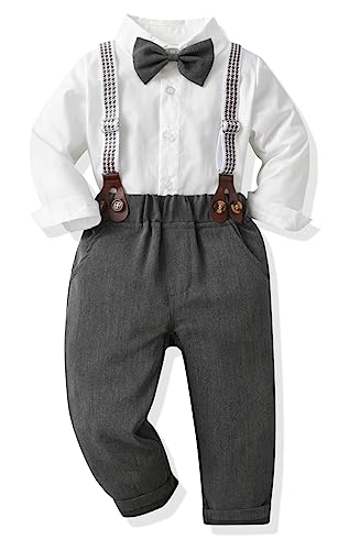 Baby Jungen Anzug Bekleidungssets Kleid Strampler hosenträger Fliege Krawatte 4tlg Anzug Gentleman Festliche Taufe Hochzeit Langarm Baby Kleikind 6 Monate 6 Jahre (W-Gary,6-12 Monate)