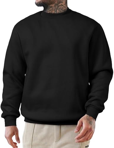 JMIERR Baumwolle Herren-Sweatshirt Loose Fit Rundhals Hoodies 2024 Winter Casual Langarm Sweatshirts Männer Basic Sweater Schwarz L