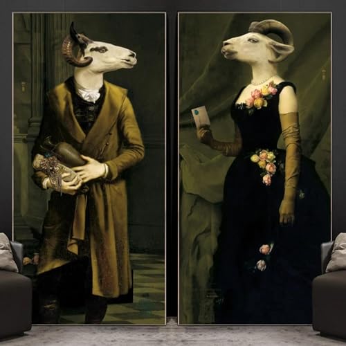 CHAOJIART Moderne klassische Wandkunst, Gentleman und Lady Ziegenpaar, Vintage, HD-Leinwand-Poster, Druck, Heim-, Schlafzimmer- und Wohnzimmerdekoration, 60 x 120 cm x 2, rahmenlos