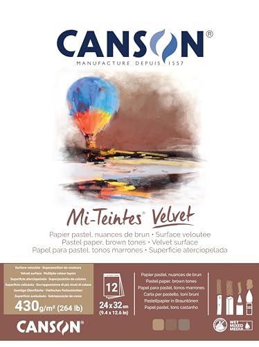 CANSON Mi-Teintes Velvet, Pastellpapier, samtige Oberfläche, 430 g/m², auf der kurzen Seite geleimter Block, 24 x 32 cm, 3 Brauntöne, 12 Blatt