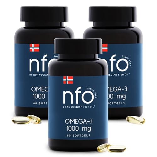 NFO OMEGA 3 1000 mg 3er Pack [3x60=180 Softgel Kapseln] Norwegen Omega 3 Kapseln hochdosiert, Fischöl mit EPA & DHA in Triglyceridform mit Vitamin E, Natürlicher Komplex aus Wildfisch aus Norwegen