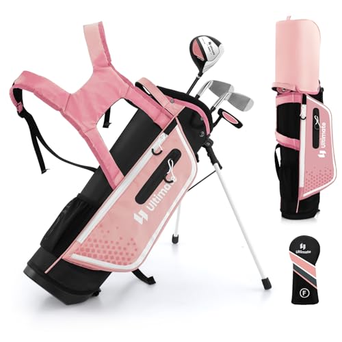 GOPLUS Golfschläger Set, 4 TLG. Golfschlägersätze mit 205CC 3er Fairway, 7er Eisen, S Eisen, Putter, tragbare Golfausrüstung leicht mit Golftasche & Regenhaube für Kinder von 5-7 Jahren(Rosa)