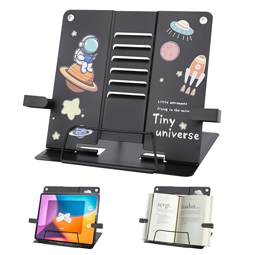 Buchständer Metall,Schwarz Multifunktional Buchständer Kinder Tragbar Astronaut Buchständer Schule,Verstellbar Buchhalter Leseständer für Schule Küche und Büro