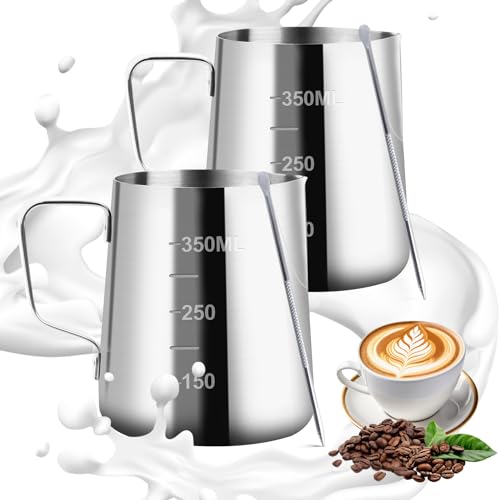 VFANDV 2 Stück Milchkännchen, 350 ml Handheld Edelstahl Aufschäumkännchen, Kaffee Creamer Milch Aufschäumer Kännchen Tasse mit Messung Mark, Milchkännchen Perfekt für Cappuccino Espresso Latte