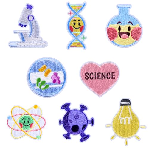 8Pcs Wissenschaft Eisen auf Patches Nette Karikatur Physik Biologie Chemie Labor Nähen auf Reparatur gestickte Applique Wissenschaftler Experiment Atom DNA Virus DIY Handwerk Geschenke für Labormantel