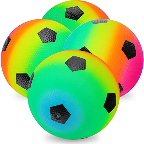 PVC Bouncy Kickball,4Stück Kinder Spielball,PVC Soft Ball für Kinder mit Pumpe,Mehrfarbig Regenbogen Ball,8,5 Zoll Regenbogen-Spielplatzbälle Strandball Softball für Drinnen und Draußen (Neon-Fußball)