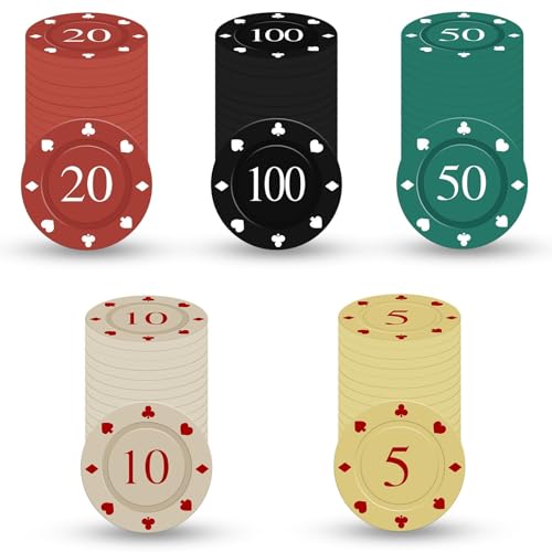 DASHUAIGE 100 Stück Pokerchips Set mit Nummern, Professionelle Kunststoff-Chips in Casino-Qualität für Pokerabende, Casino-Partys & Lernspielzeug, 5 Farben & Aufbewahrungsbox