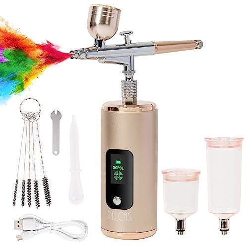 PELCAS Airbrush Set, Spritzpistole mit Kompressor 36PSI Kabelloses Airbrush-Kit Dual Action Wiederaufladbares Handheld Luftkompressor für Make-up Kuchendekoration Modellfärbung Nagelkunst Tattoos