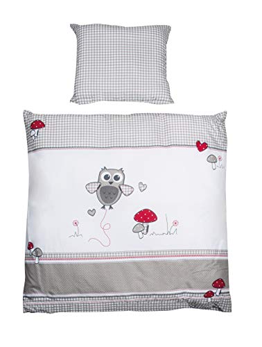 roba Babybettwäsche 80 x 80 cm - Adam & Eule - Bettwäsche Set 2 teilig für Babys - Decken & Kissenbezug mit Eulen Motiv für Mädchen & Jungen - Baumwolle - Mehrfarbig