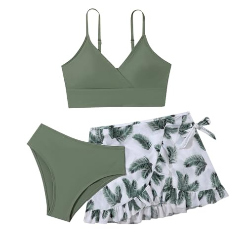 Bikini Mädchen 8-14 Jahre,3-teiliger Badeanzug für Mädchen,Sommer Niedliches Bikini-Set Badeanzüge,Kinder Unifarbenes Bikini Top+Shorts + Blumendruck Rock Schwimmanzug (Grün, 9-10 Years)