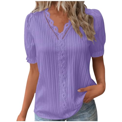 2025 - Damen Sommer Spitze V-Ausschnitt Einfarbig Spitze Elegantes Hemd Mode Einfarbig Elegante Bluse Kurzarm Bequemes Weiches T-Shirt Mit Spitze Damen (Purple, M)
