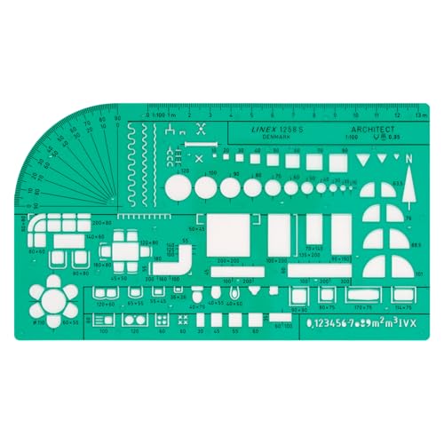 Linex 1258S Architekt-Universal-Schablone, Maßstab 1:100, Tuschenoppen, Symbole für Möbel, 200x115mm, grün