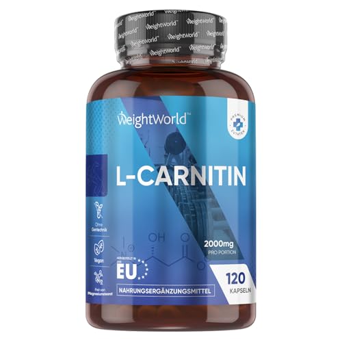 L Carnitin - 2000mg pro Portion - 120 vegane Kapseln - L-carnitine Aminosäuren Kapseln - Glutenfrei & Frei von Magnesiumstearat - WeightWorld