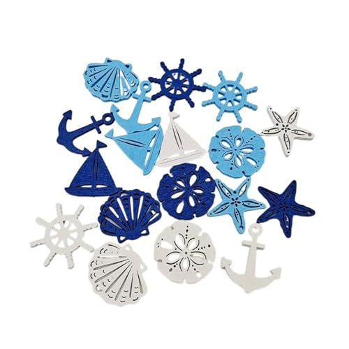 50 Stück Mediterraner Stil Holzstück Streuteile Sand Dollar Muschel Seestern Steuerrad Anker Form Mini Holz Ornamente