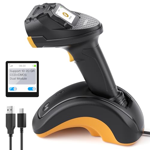 Inateck Barcode Scanner Bluetooth, 2D 1D Wireless Handheld Scanner, QR Code Scanner, mit Touchscreen und Smart Base, CMOS+CCD Dual Module, Größere Reichweite, Unterstützt App SDK, P8