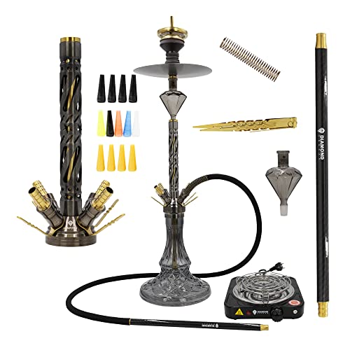 DIAMOND HOOKAH Premium HURCACANN Shisha KOMPLETTSET, Shisha Edelstahl mit 4 Anschlüsse + Mundstücke + Kohlenanzünder 1000 Watt 18/8 Schliff, Molassefänger (Huracann 11.0 BLK)