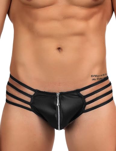 ohyeahlady String Tanga Herren Sexy Kunstleder mit Reißverschluss Gummi Unterwäsche Männer Ouvert Thong G-String Wetlook Elastizität Slips Dessous Große Größen Unterhosen T-Back(Schwarz,M)