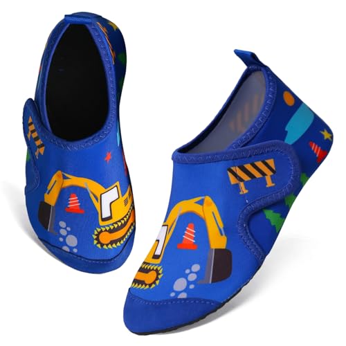 TMEOG Badeschuhe Kinder Wasserschuhe Kleinkind Schwimmschuhe Strandschuhe rutschfeste Aquaschuhe mit Klettverschluss Wattschuhe Meerschuhe Barfussschuhe für Jungen Mädchen(24/25 EU,Bagger)
