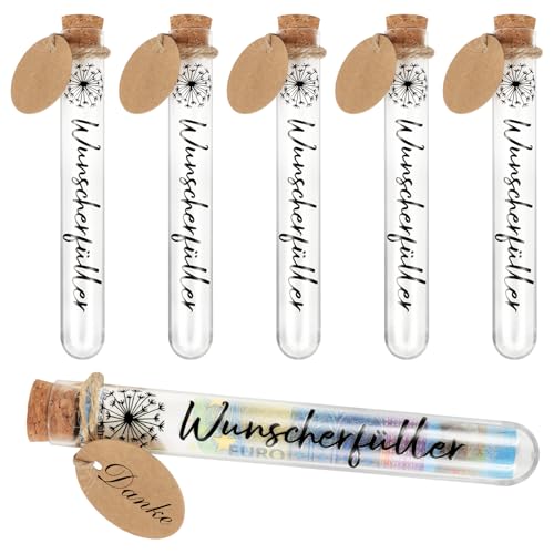 BOFUNX Wunscherfüller Geldgeschenk 6pcs Transparente Reagenzgläser mit Korken und 6pcs Wunscherfüller Löwenzahnmustern Anhänger für Geburtstag Weihnachten Männer Frauen