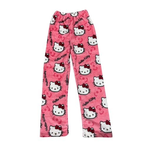 Hello Kἰtty Schlafanzughose Damen Lang Hosen Flanell Pyjama Kawaii Warm Baumwolle Schlafanzug Schlafhose Winter Weich Anime Kuschelhose Lustige Geschenke Pink M