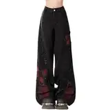 Hugboom Süße Baggy-Jeans Y2k für Damen und Mädchen, Sterne, Herz, Schmetterling, ästhetische Streetwear, Gothic-Kleidung, F-blau, S