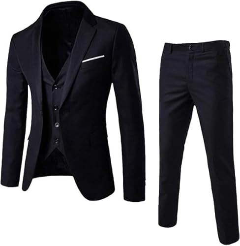 Herren Business-Anzug Hosen-Set 3-Teilig Sakko Hose Weste (DE/NL/SE/PL, Alphanumerisch, L, Regular, Regular, Schwarz)