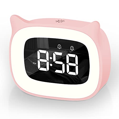 Aoreun Wecker Digital Kinder, Dual-Wecker mit licht Digital, Cute Katzen Kinderwecker Nachttischlampe Snooze Funktion 18 Musik 5 Helligkeitsmodus, zeitgesteuertes Nachtlicht wecker - Rosa