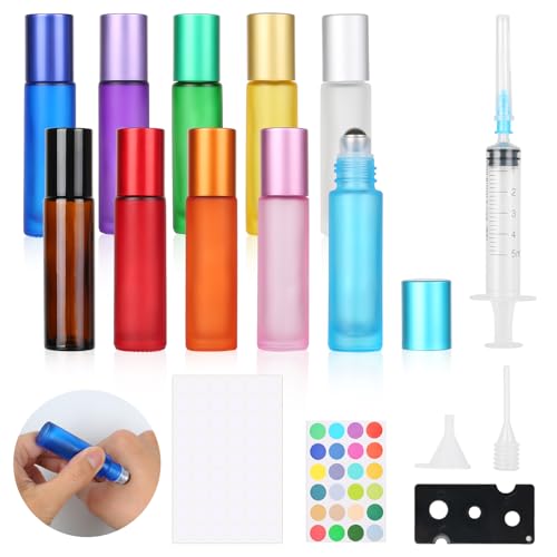 Omsscun 10 Stück Ätherische Öle Roller Flaschen, Roll on Flasche Leer 10ml, Multicolor Glasflaschen Edelstahl Roller Bällen 10ml für Parfüm Massage Ätherisches Öl