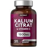 Kaliumcitrat Hochdosiert 1500mg je Tagesdosis mit Vitamin C | 120 Vegane Potassium Citrate Tabletten | Muskelaufbau & Elektrolyte (EFSA) | Kalium Supplement | von Horbaach