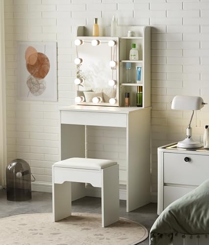 ZBAOLTO Weiß Schminktisch mit Beleuchtung, Frisiertisch mit Hocker Verstellbarer Spiegel, Schminktisch Klein mit 1 Schublade,Kosmetiktisch Holz für Schlafzimmer, 60 * 40 * 135 cm