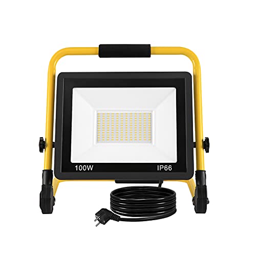 FIVMEN Baustrahler 100W 8500LM LED Strahler Arbeitsleuchte mit Standgestell und 3m Kabel Stecker Baulampe Flutlicht Wasserdicht IP66 für Garage Werkstatt Baustelle, Warmweiß