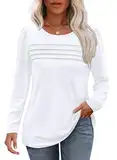 Cuptacc Langarmshirt Damen Weiss Puffärmel Mit Knöpfen Rundhals Tshirt Damen Baumwolle Falten Oberteile Damen Herbst Weiß XL 46-48