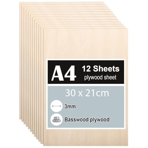 12 Stück Sperrholzplatte 3mm, A4 Sperrholz 30 x 21 cm, Linde Sperrholz, Dünne Holz-Zuschnitte, Holzplatten für für DIY Holzarbeiten, Laserbearbeitung, Brandmalerei, Modellbau, Deko, Gemälde