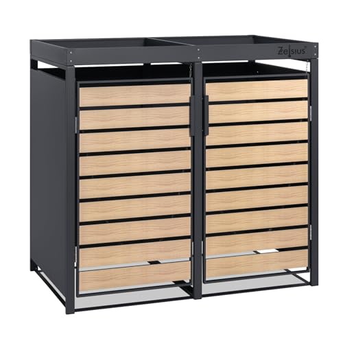Zelsius Mülltonnenbox 2 Tonnen mit Pflanzdach | (B) 132 x (T) 80 x (H) 124 cm | Anthrazit RAL 7016 | Tür in Holzoptik mit Erweiterungsmöglichkeit | Mülltonnen, Mülltonnenverkleidung
