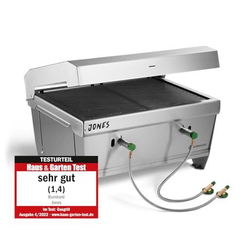 BURNHARD Klappgrill Jones 2-Brenner mit Deckel, 6,4 kW Edelstahl Gasgrill inkl. Transporttasche mit Rucksackfunktion und Multitool, Faltgrill ideal für Camping