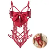 Telooco Damen Sexy Dessous Unterwäsche Frauen Lingerie Nachtwäsche Bodysuit Einteiler Dessous Erotische Unterwäsche Damen Spitze Hohl Dessous für Damen Frauen Party Outfit (Rot)