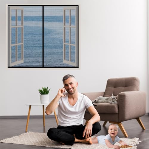 Fenster Fliegengitter 85x130cm Schwarz Insektenschutz Fenster Klettband mit Heavy Duty Mesh zuschneidbar für den Innen und Außenbereich