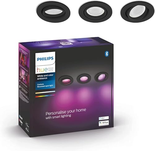 Philips Hue White & Color Ambiance Centura runde Einbauspots 3-er Pack (1.050 lm), dimmbare Deckenlampen für das Hue Lichtsystem mit 16 Mio. Farben, smarte Lichtsteuerung über Sprache und App, schwarz