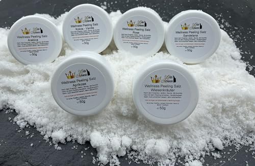 Dufte Momente Sauna Salz Peeling Probierset - 6 x 50g - Aprikose, Arabica, Kokos-Vanille, Rose, Sandelana, Wiesenkräuter - vegan - Meersalz mit Mandelöl Traubenkernöl Arganöl Sonnenblumenöl Vitamin E