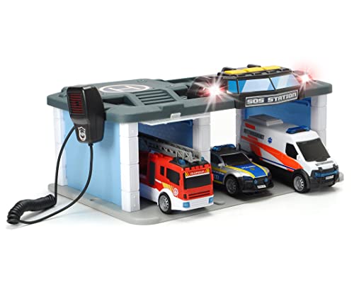 Dickie Toys SOS Rettungsstation mit Polizei, Feuerwehr und Krankenwagen, Station mit Licht & Sound, Mikrofon mit Lautsprecherfunktion, Tore zum Öffnen, inkl. Batterien, 31x22x16 cm, Blue