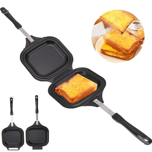 Homepatche Doppelseitige Bratpfanne,Wendepfanne Breakfast Sandwich Maker Mit Verriegelungsgriff,Tragbar Antihaft-Bratpfanne Brot Bratpfanne Grillplatte für Zuhause für Küche,Ausflug,Camping,Picknick