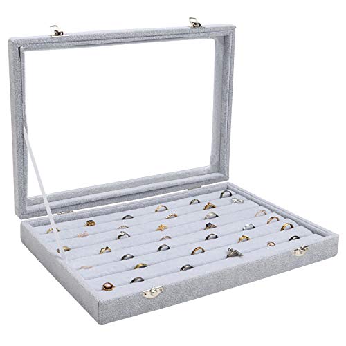 BELLE VOUS Graue Ring Box Aufbewahrungsbox für Schmuck Samt Display Schmucklade mit 7 Fächern und Deckel - Vitrine Organizer mit transparentem Glasdeckel für Ringe, Ohrringe und Manschettenknöpfe